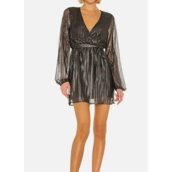 NWOT Sanctuary It's Party Time Faux Wrap Mini Dress Size Extra Small Black Shine - Picture 1 of 10